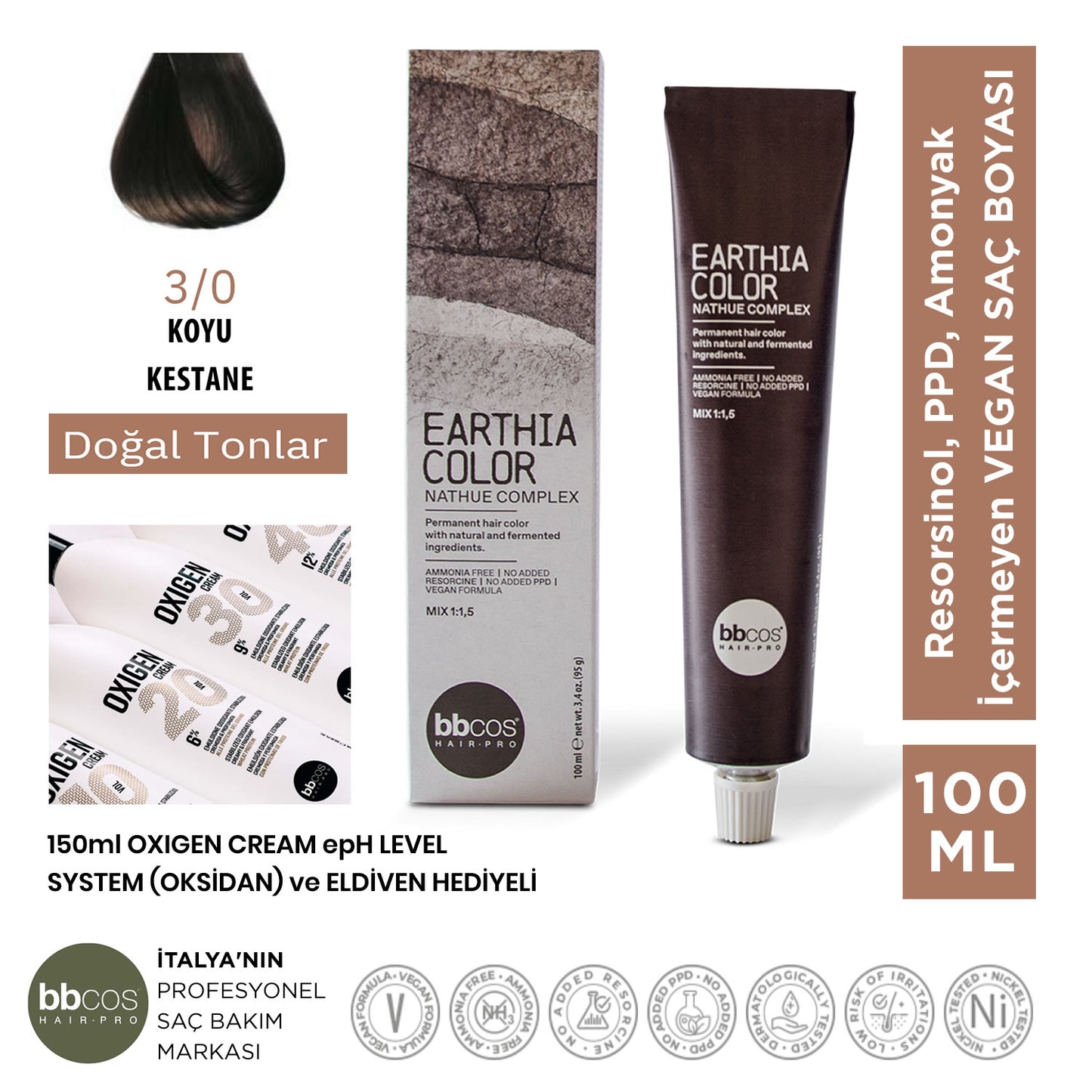 Earthia Color 3/0 Koyu Kestane Saç Boyası, Vegan ve Amonyaksız Doğal Tonlar 100ml