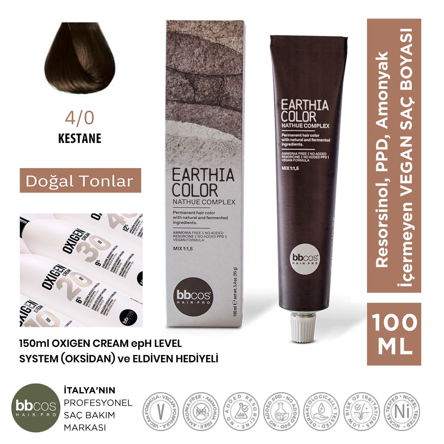 Earthia Color 4/0 Kestane Saç Boyası, Vegan ve Amonyaksız Doğal Tonlar 100ml