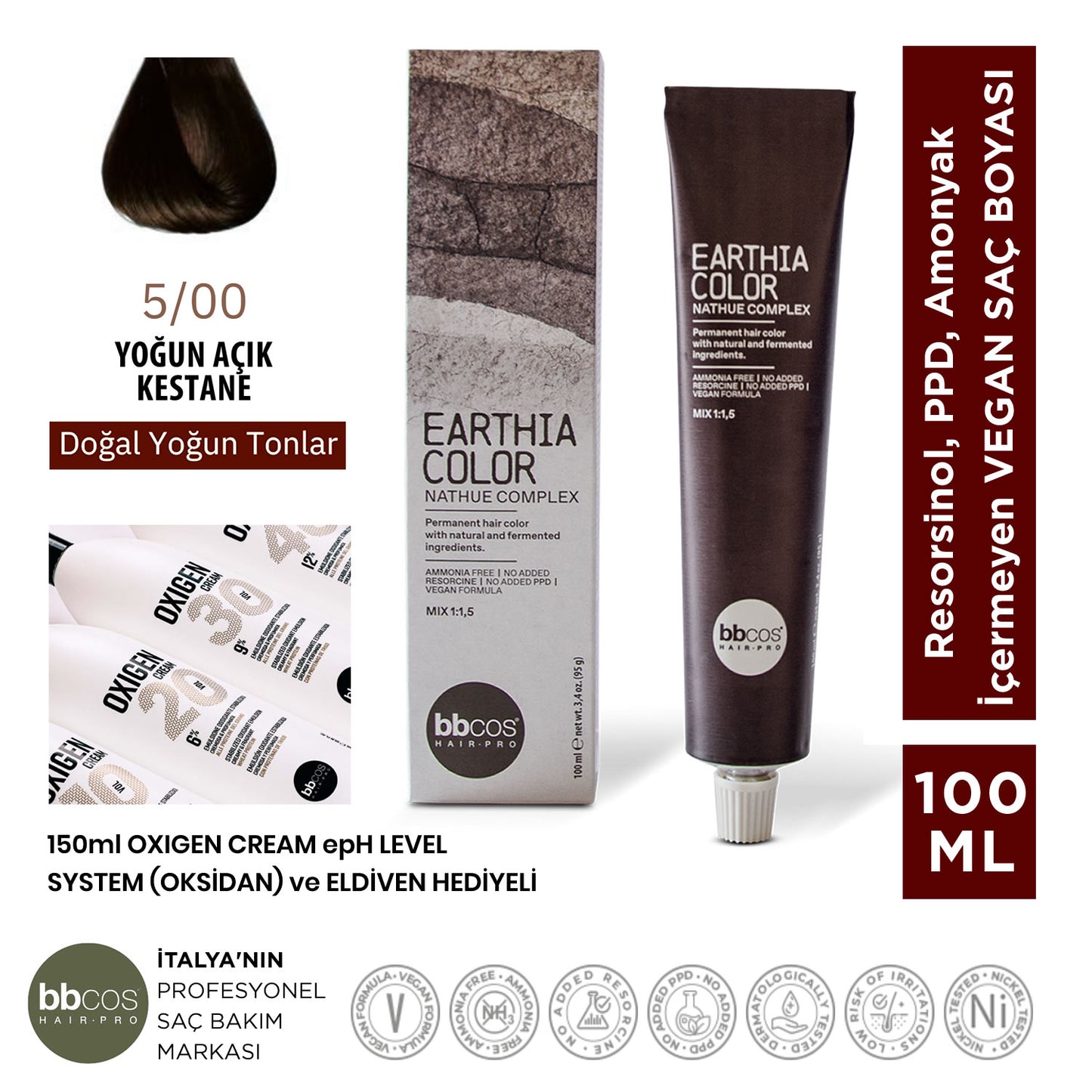 Earthia Color 5/00 Yoğun Açık Kestane Saç Boyası, Vegan ve Amonyaksız Doğal Yoğun Tonlar 100ml