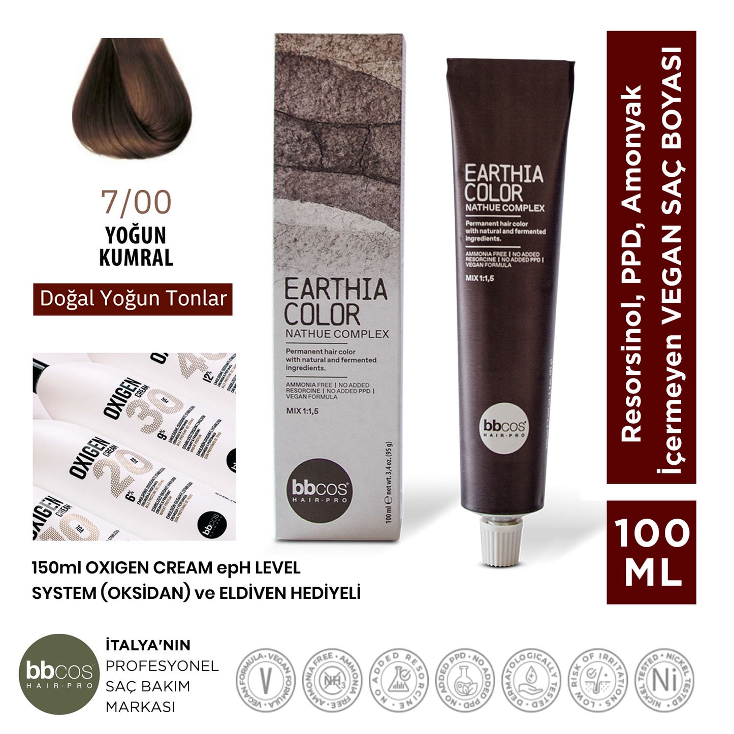 Earthia Color 7/00 Yoğun Kumral Saç Boyası, Vegan ve Amonyaksız Doğal Yoğun Tonlar 100ml