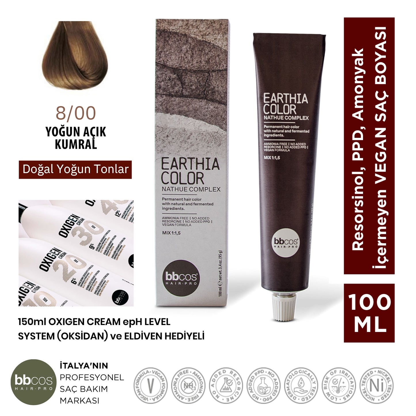 Earthia Color 8/00 Yoğun Açık Kumral Saç Boyası, Vegan ve Amonyaksız Doğal Yoğun Tonlar 100ml