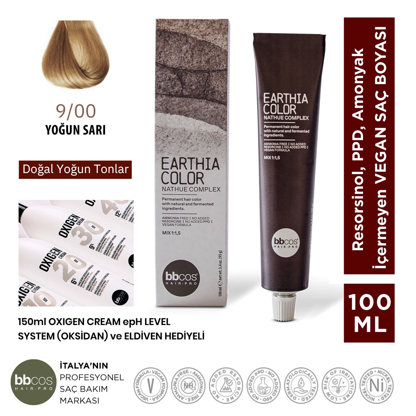 Earthia Color 9/00 Yoğun Sarı Saç Boyası, Vegan ve Amonyaksız Doğal Yoğun Tonlar 100ml