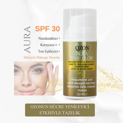 QZON Aura Base Glow Makyaj Bazı Nemlendirici Yüz Kremi SPF 30 – Leke Karşıtı Ton Eşitleyici 30ML