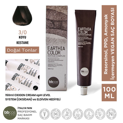 Earthia Color 3/0 Koyu Kestane Saç Boyası, Vegan ve Amonyaksız Doğal Tonlar 100ml