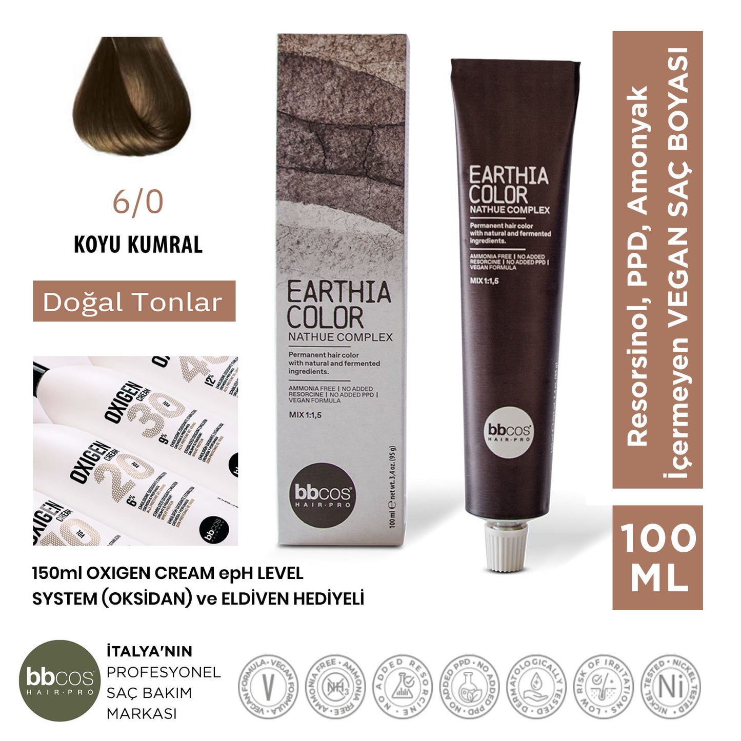 Earthia Color 6/0 Koyu Kumral Saç Boyası, Vegan ve Amonyaksız Doğal Tonlar 100ml